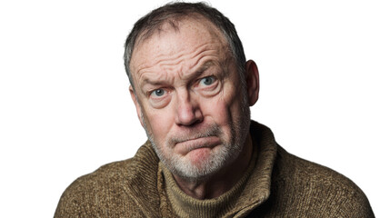 Obraz premium Senior man making confused face expression on transparent background
