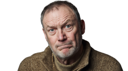 Senior man making confused face expression on transparent background