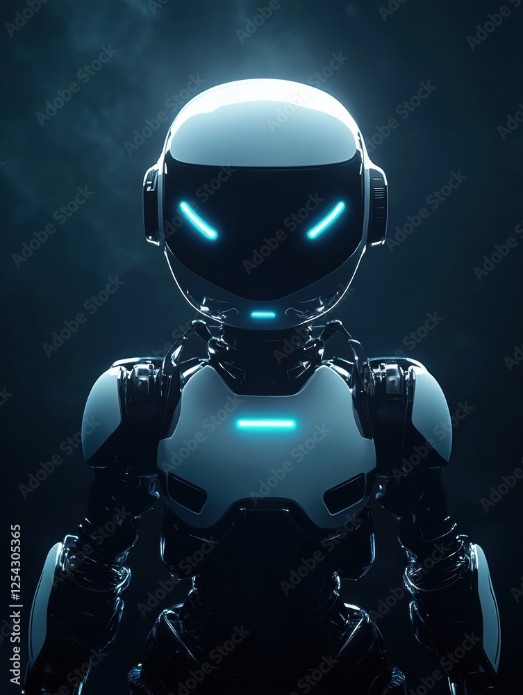 Poster Glowing humanoid robot stands centered against a dark, atmospheric backdrop with a futuristic design. Generative AI