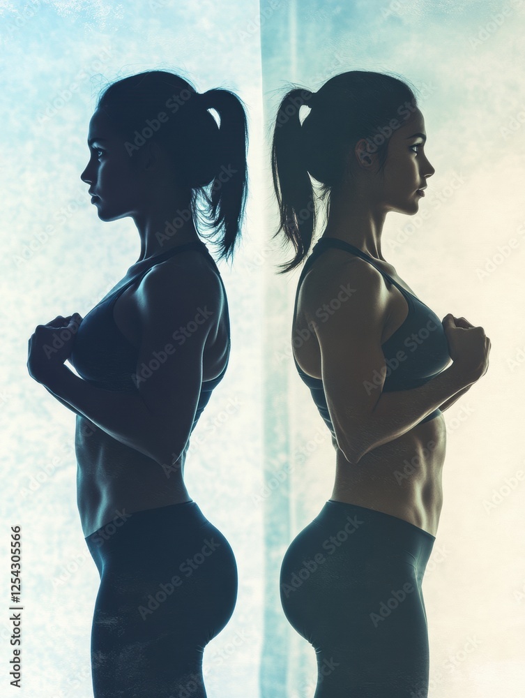 Poster Fitness transformation silhouette showing progression before and after workouts in a transformative journey. Generative AI