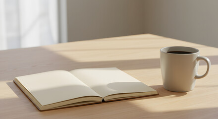 Fototapeta premium Open Blank Notebook with Coffee Mug on Wooden Table in Sunlight