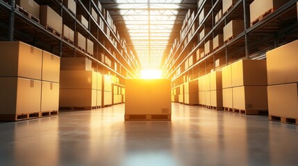 Fototapeta premium Stocktaking in Warehouse with Sunlight Illuminating Cardboard Boxes and Shelving Units
