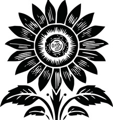 Isolated vector illustration. Sunflower plant. Black and white silhouette
