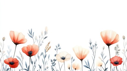 Delicate watercolor illustration of blooming flowers in soft hues against a white background