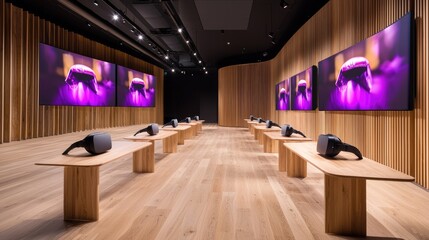 VR experience demonstration room, modern design, showcasing displays
