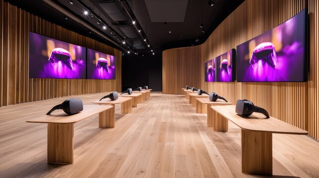 VR experience demonstration room, modern design, showcasing displays