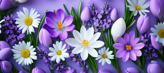 A vibrant floral arrangement featuring daisies, crocuses, and lavender on a soft purple background. Springtime nature and botanical beauty concept.