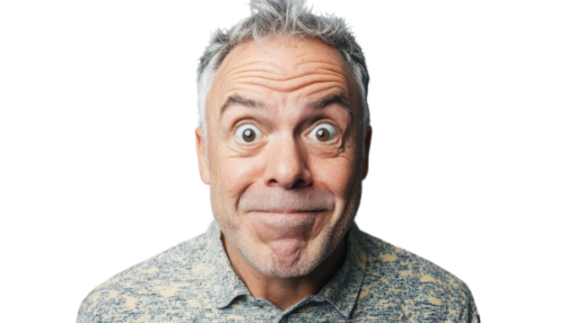 Close-up of surprised mature man making a funny face on transparent background