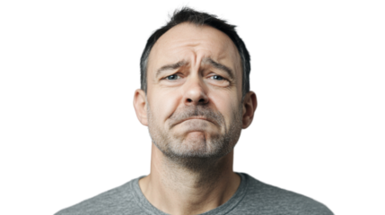 Sad man making a disappointed face on a transparent background