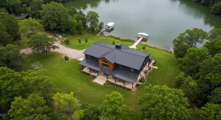 A barndominium home with black roof and black siding at lakeside