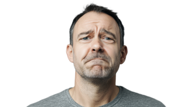 Sad man making a disappointed face on a transparent background