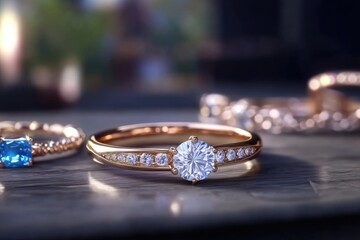 A stunning diamond ring shines brightly, placed on a sleek surface surrounded by elegant jewelry. Soft light enhances the intricate details of the pieces nearby