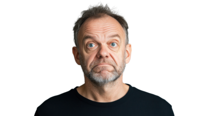 Confused mature man with transparent background making a face