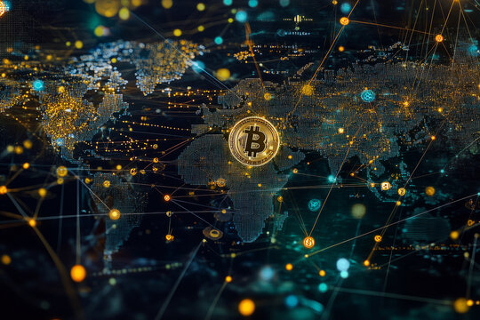 Global bitcoin network with digital connections and cryptocurrency icons across a world map