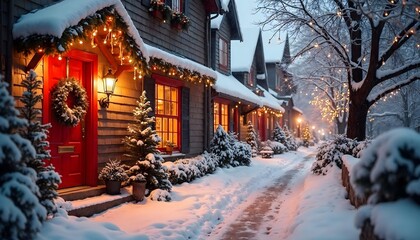 Snowy Winter Village Street with Christmas Lights and Decorated Houses