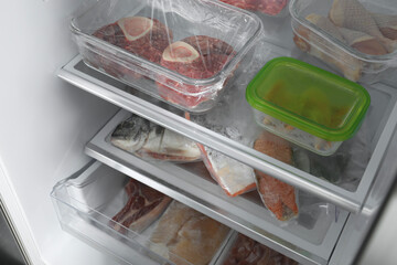 Different frozen meat and fish products in fridge, closeup