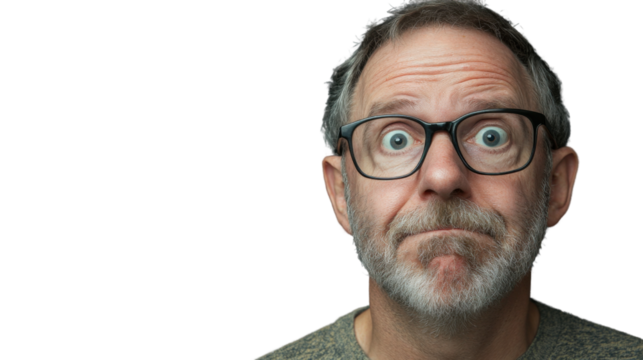 Surprised mature man with glasses showing amazement on transparent background
