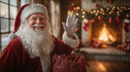 Santa Claus waves hello near a Christmas fireplace