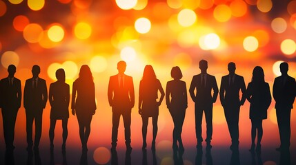 Silhouetted Businesspeople Stand Together Against a Sunset