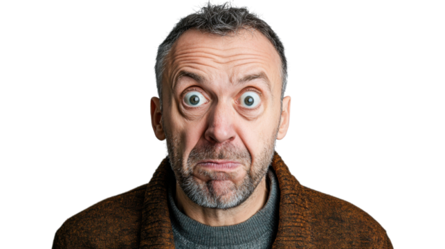 Shocked mature man showing astonishment on transparent background