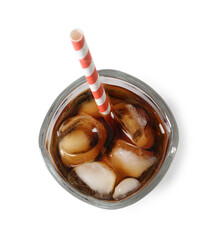Refreshing cola with ice cubes and drinking straw in glass isolated on white, top view