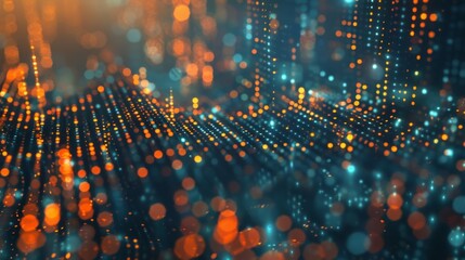 Obraz premium An abstract city skyline with blockchain data streams flowing above illustrating how blockchain can be integrated into urban planning for sustainable development.