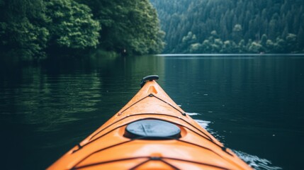 Obraz premium Kayaking on a serene lake, surrounded by lush green forest.