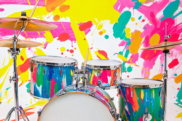 urban culture drum design, neon paint details, white background 