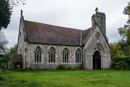 traditional stone church with stained-glass windows and arches