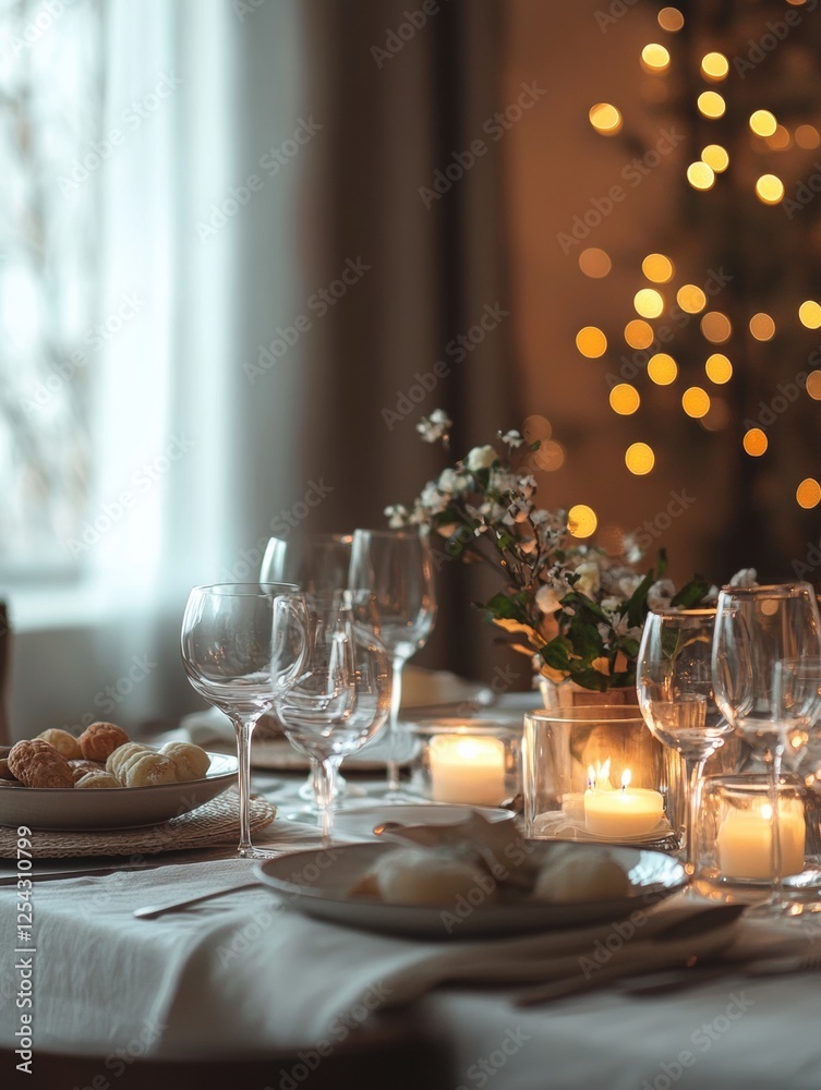 Poster festive dining table decorated with elegant tableware and glowing candlelight during a holiday gathe