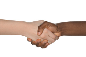 Stop racism. People of different skin colors shaking hands on white background, closeup