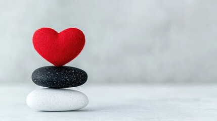 Fototapeta premium Red felt heart balanced on a stack of black and white stones against a grey background.