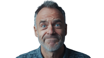 Portrait of middle-aged man making grimace on transparent background