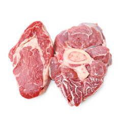 Pieces of raw beef meat isolated on white, top view