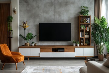 Scandinavian-inspired interior with a wooden TV cabinet, white doors, armchair, side table, abstract bookshelf, and plants, showcasing minimalistic design with geometric shapes.