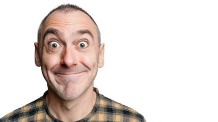 Portrait of surprised man making funny face on transparent background