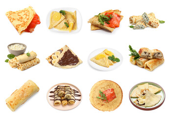Different tasty crepes isolated on white, set