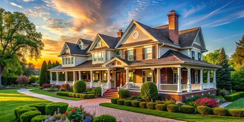 Fototapeta premium Explore classic American homes: Ranch, Colonial, Victorian, and Bungalow styles showcased in stunning panoramic views.