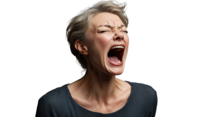 Angry businesswoman shouting with closed eyes and transparent background