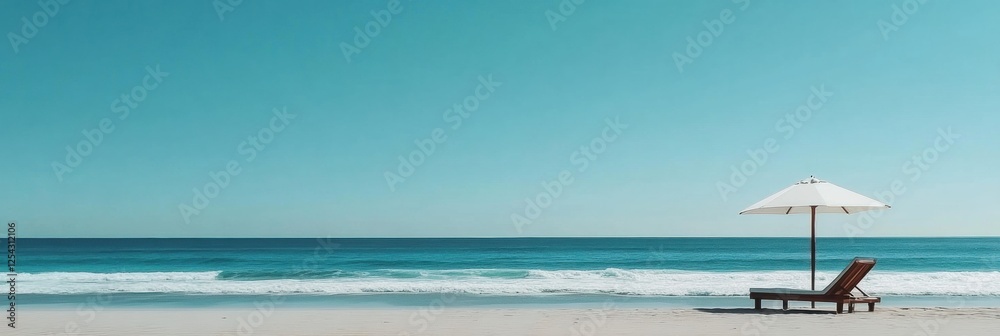 Poster relaxing beach setup featuring a chaise lounge and umbrella by gentle ocean waves under clear blue s