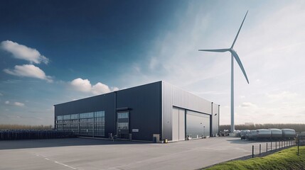Obraz premium A large industrial building with a wind turbine under a cloudy blue sky in a daylight scene