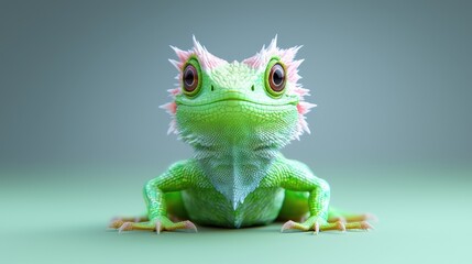 Fototapeta premium Cute green lizard portrait, studio shot, green background, children's book illustration