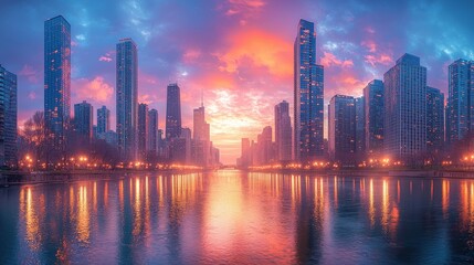 Fototapeta premium Chicago Skyline at Sunrise: Vibrant Cityscape