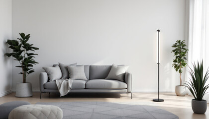Modern minimalist living room with gray sofa and plants