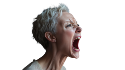 Angry senior woman shouting with transparent background
