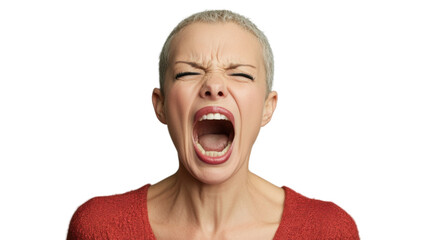 Angry woman shouting with transparent background: stress and frustration concept