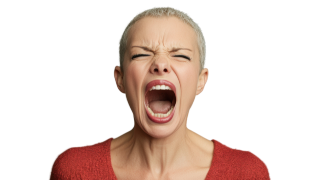 Angry woman shouting with transparent background: stress and frustration concept