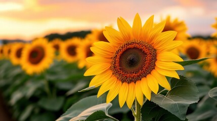 Obraz premium Vibrant Sunflower Field at Sunset with Warm Golden Light