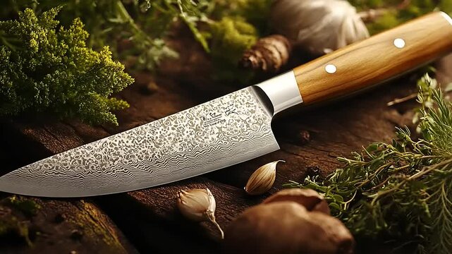Damascus Steel Chef's Knife with Wooden Handle, Rests on Rustic Wood Among Herbs and Garlic