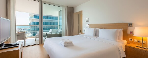 A modern hotel room featuring a large bed, minimalist design, natural light, and a balcony with a view.